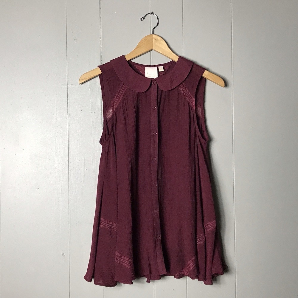LC LAUREN CONRAD BURGANDY SLEEVELESS LACE BUTTON FRONT SHIRT SHEER WOMENS SMALL